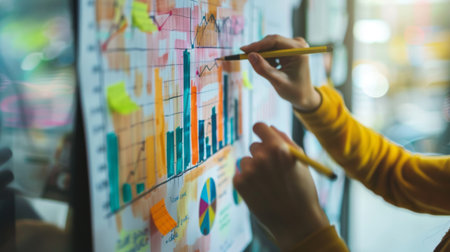 A person drawing a bar graph on a whiteboard during a team brainstorming session, visualizing ideas and solutions for collective understanding.の素材