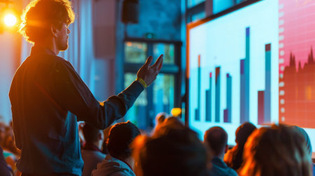 A person presenting a bar graph during a professional conference, sharing insights and trends with an engaged audience.の素材