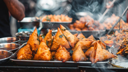 A group of friends gathering at a street food stall, eagerly sampling an assortment of piping hot samosas served with spicy and tangy condiments.の素材