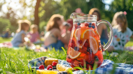 A family enjoying a picnic in the park, sharing a jug of homemade fruit punch filled with fresh berries, citrus slices, and sparkling water.の素材