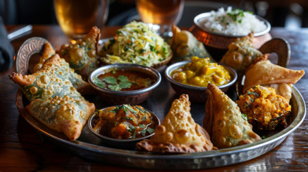 A platter of assorted samosas served with spicy mint chutney and tangy mango pickle, offering a burst of flavors and textures in every bite.の素材