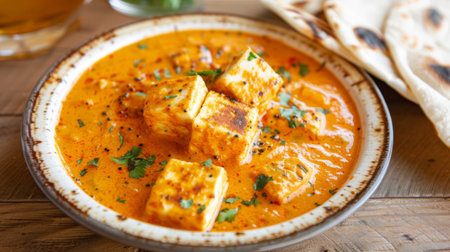 A plate of paneer makhani served with steaming hot roti, offering a delicious and comforting meal option for those craving authentic Indian flavors.の素材