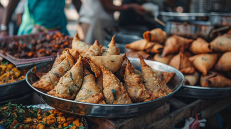 A food blogger capturing the beauty of Indian cuisine with a stunning photo of an assortment of samosas, inspiring followers to explore the rich flavors of Indian street food.の素材
