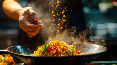 A hand sprinkling crushed Thai chili peppers onto a steaming bowl of noodles, showcasing the fiery heat characteristic of Thai street food.の素材