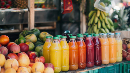 A farmer's market stall selling freshly squeezed fruit juices and smoothies made from locally sourced fruits, promoting healthy living and sustainability.の素材