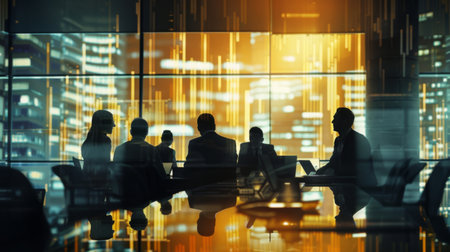 A group of professionals discussing market trends and economic forecasts in a modern boardroom setting, indicating informed decision-making.の素材