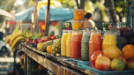A farmer's market stall selling freshly squeezed fruit juices and smoothies made from locally sourced fruits, promoting healthy living and sustainability.の素材