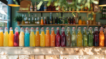 A juice bar offering a variety of freshly pressed fruit juices and smoothies, displayed in vibrant glass bottles and ready for customers to enjoy on the go.の素材