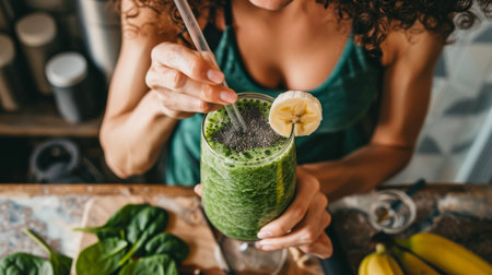A fitness enthusiast refueling with a protein-packed green smoothie after a workout, blending spinach, banana, and protein powder for a nutritious boost.の素材