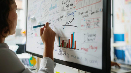 A person drawing a bar graph on a whiteboard during a team brainstorming session, visualizing ideas and solutions for collective understanding.の素材