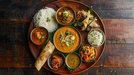 A plate-sized thali filled with regional specialties like dosa, idli, sambar, and chutneys, offering a flavorful journey through the diverse cuisines of Indiaの素材