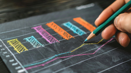 A hand drawing an upward-sloping bar graph on a transparent board, symbolizing progress and achievement.の素材