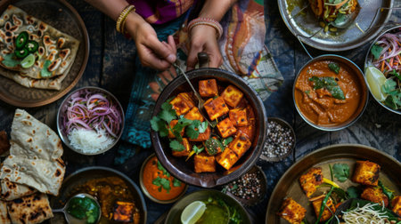 A food blogger capturing the beauty of Indian cuisine with a stunning photo of paneer dishes, inspiring followers to explore the rich flavors of Indian cooking.の素材