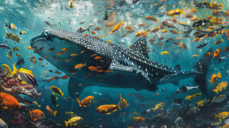 A school of colorful fish swimming alongside a whale shark, forming a symbiotic relationship as they feed on the scraps left behind by the gentle giant, a stunning display of marine biodiversity.の素材
