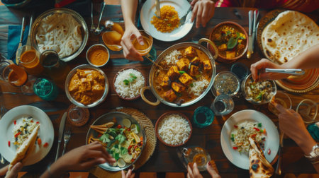 A group of friends dining at an Indian restaurant, relishing the aromatic aroma and complex flavors of paneer dishes served with fluffy basmati rice.の素材