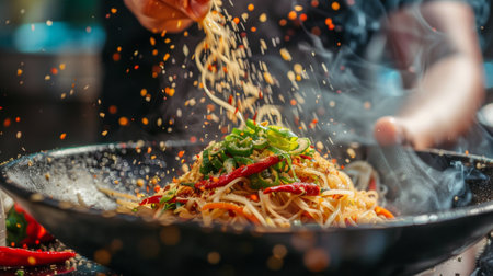 A hand sprinkling crushed Thai chili peppers onto a steaming bowl of noodles, showcasing the fiery heat characteristic of Thai street food.の素材