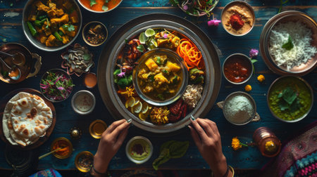 A food blogger capturing the beauty of Indian cuisine with a stunning photo of an intricately arranged thali, inspiring followers to explore the rich flavors of India.の素材