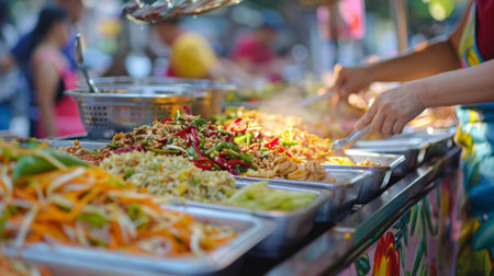 A market vendor selling freshly made Thai papaya salad from a colorful street food cart, attracting customers with the aroma of spicy goodness.の素材