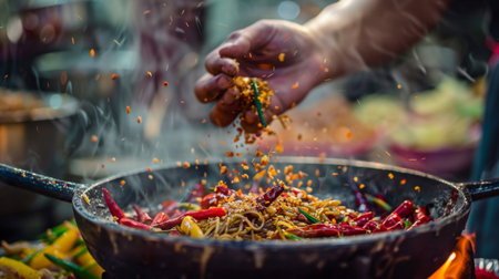 A hand sprinkling crushed Thai chili peppers onto a steaming bowl of noodles, showcasing the fiery heat characteristic of Thai street food.の素材