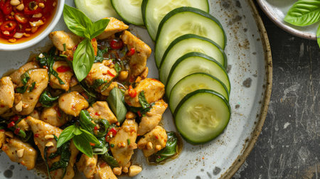 A plate of Thai basil chicken stir-fry served with a side of fresh cucumber slices and spicy chili dipping sauce, offering a delightful balance of flavors.の素材