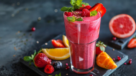 A refreshing fruit smoothie served in a tall glass, adorned with colorful garnishes and fresh fruit slices, a vibrant and healthy beverage option.の素材