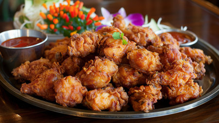 A platter of golden crispy fried chicken served with dipping sauce, inviting viewers to indulge in the savory goodness of Thai fried chicken.の素材