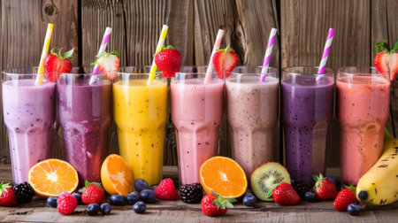 An assortment of freshly blended fruit smoothies displayed on a rustic wooden table, inviting viewers to indulge in their colorful and nutritious goodness.の素材
