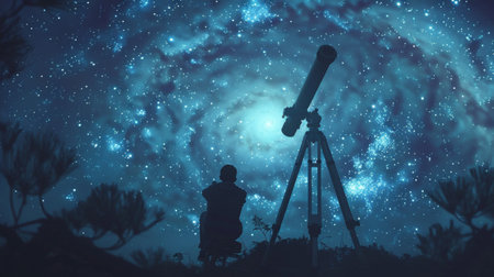 An astrophotographer capturing the beauty of the night sky, with swirling galaxies and shimmering star clusters visible through a powerful telescopeの素材