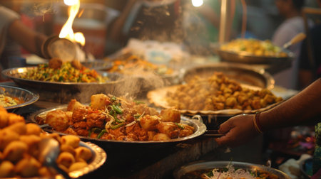 A street food vendor serving up generous portions of chaat and samosas on a traditional Indian thali, attracting hungry customers with the aroma of spicy and savory delights.の素材