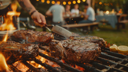 A steak enthusiast grilling steaks on a backyard barbecue, surrounded by friends and family eager to taste the mouthwatering results.の素材