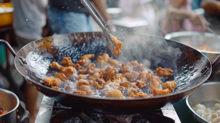 A street vendor frying crispy chicken in a large wok at a bustling market, attracting customers with the tantalizing aroma of freshly cooked chicken.の素材