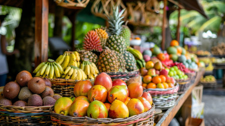 A tropical fruit stand selling freshly squeezed fruit juices and smoothies, with an array of colorful fruits displayed in baskets, enticing customers with their natural sweetness and freshness.の素材