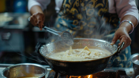 A woman cooking paneer curry in a traditional Indian kitchen, stirring the creamy gravy and adding aromatic spices for an authentic flavor profile.の素材