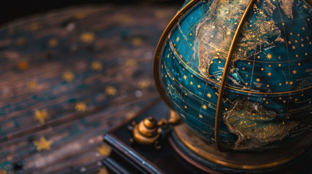 Close-up of a celestial globe depicting the positions of stars and galaxies in the night sky, a valuable tool for astronomers and stargazers alike.の素材