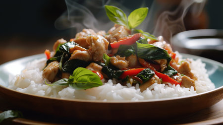 A tempting plate of Thai basil chicken stir-fry (Pad Krapow Gai) served over steaming jasmine rice, inviting viewers to savor the flavors of Thailand.の素材