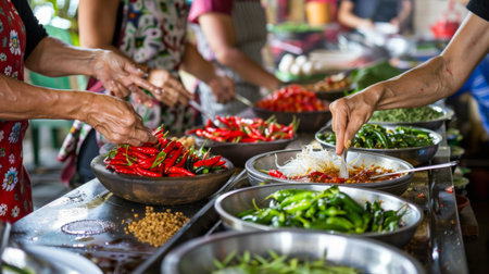 A Thai cooking class in session, with participants learning to use chili peppers and peppercorns in traditional recipes, promoting cultural culinary experiences.の素材