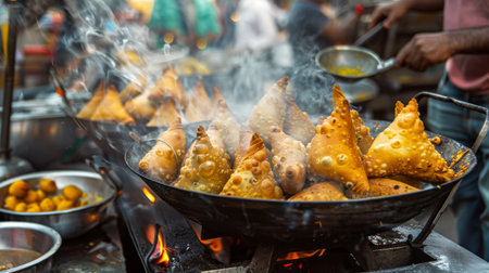 A street food vendor frying batches of samosas in a large wok at a bustling market, attracting customers with the irresistible aroma of freshly cooked snacksの素材