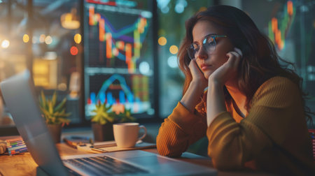 A woman sitting at a desk with a laptop and financial charts, deep in thought while analyzing market data, illustrating focused decision-making.の素材