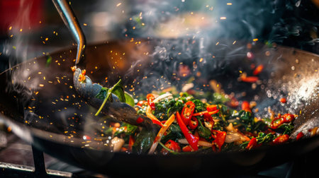 Close-up of a spatula stirring a sizzling wok of Thai basil stir-fry, showcasing the skillful technique and artistry involved in Thai culinary traditions.の素材