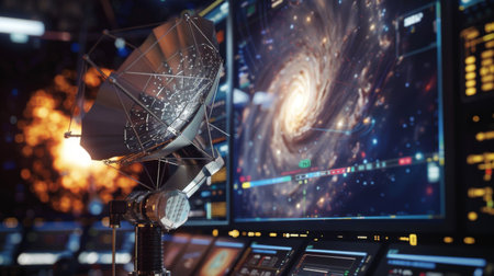 Close-up of a computer screen displaying real-time data from a radio telescope, capturing signals from distant galaxies billions of light-years away.の素材