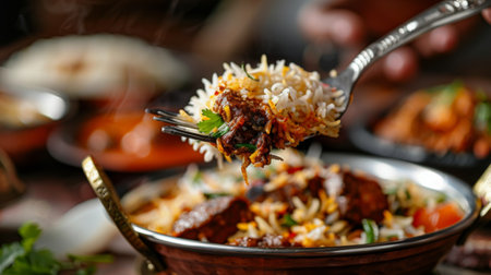 Close-up of a forkful of aromatic biryani being lifted from a traditional Indian thali, showcasing the fragrant rice, tender meat, and flavorful spices.の素材