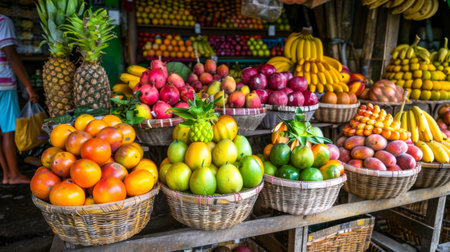 A tropical fruit stand selling freshly squeezed fruit juices and smoothies, with an array of colorful fruits displayed in baskets, enticing customers with their natural sweetness and freshness.の素材