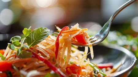 Close-up of a fork lifting a mouthwatering bite of Thai papaya salad, showcasing the texture and flavors of this iconic dish.の素材