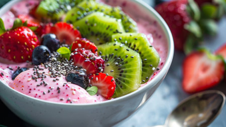 Close-up of a spoon scooping up a creamy berry smoothie bowl, topped with sliced kiwi, strawberries, and a sprinkle of chia seeds for added texture and nutrition.の素材