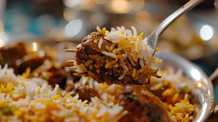 Close-up of a forkful of aromatic biryani being lifted from a traditional Indian thali, showcasing the fragrant rice, tender meat, and flavorful spices.の素材