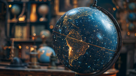 Close-up of a celestial globe depicting the positions of stars and galaxies in the night sky, a valuable tool for astronomers and stargazers alike.の素材
