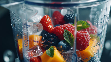 Close-up of a blender filled with a delicious mix of fresh fruits and ice cubes, ready to be blended into a refreshing and hydrating smoothie.の素材