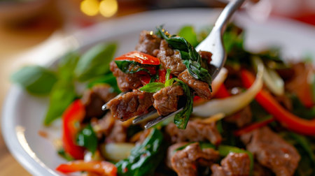 Close-up of a forkful of Thai basil beef stir-fry being lifted from a plate, showcasing the tender meat and vibrant colors of the dish.の素材
