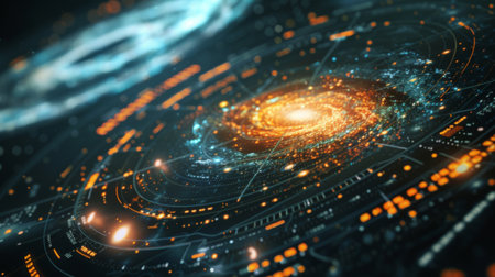 Close-up of a galaxy map displayed on a computer screen, showing the distribution of stars, nebulae, and other celestial objects across the cosmos.の素材