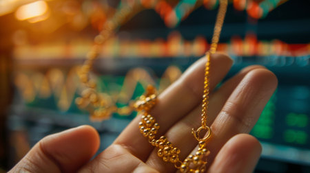 Close-up of a hand holding a gold necklace with a chart showing gold price fluctuations in the background, symbolizing the value of gold as an asset.の素材